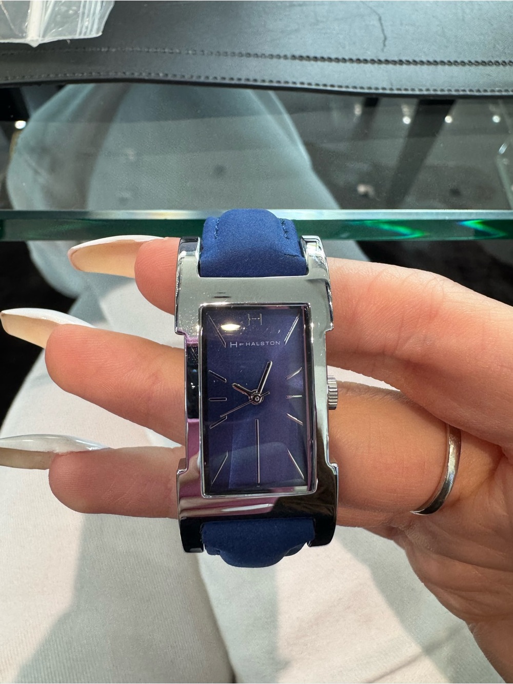 New H by Halston Women's Rectangular Tank Wristwatch with Blue Sunburst Dial